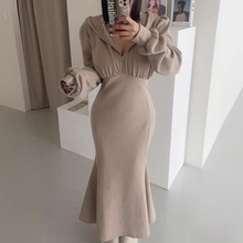 韩国秋冬小众气质拉链修身显瘦加厚长袖连帽卫衣鱼尾连衣裙女