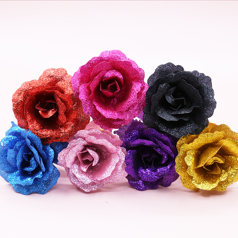 厂家批发仿真金粉水晶玫瑰花 蓝色妖姬红色假花 闪光跨境玫瑰批发