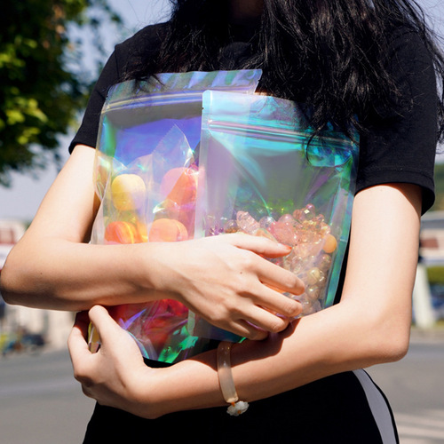 Factory direct sales thickened rainbow film laser candy ziplock bag transparent badge earrings jewelry jewelry packaging bag