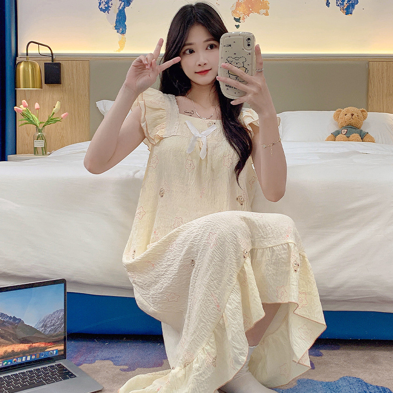 2024 verano vestido de pajama de mujer vestido largo suelto arco dulce dormitorio del campus se puede usar vestido de pijama rojo