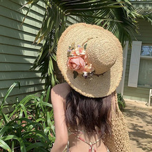 花朵手工编织拉菲草帽女夏季法式大檐遮阳防晒帽海边度假太阳帽子