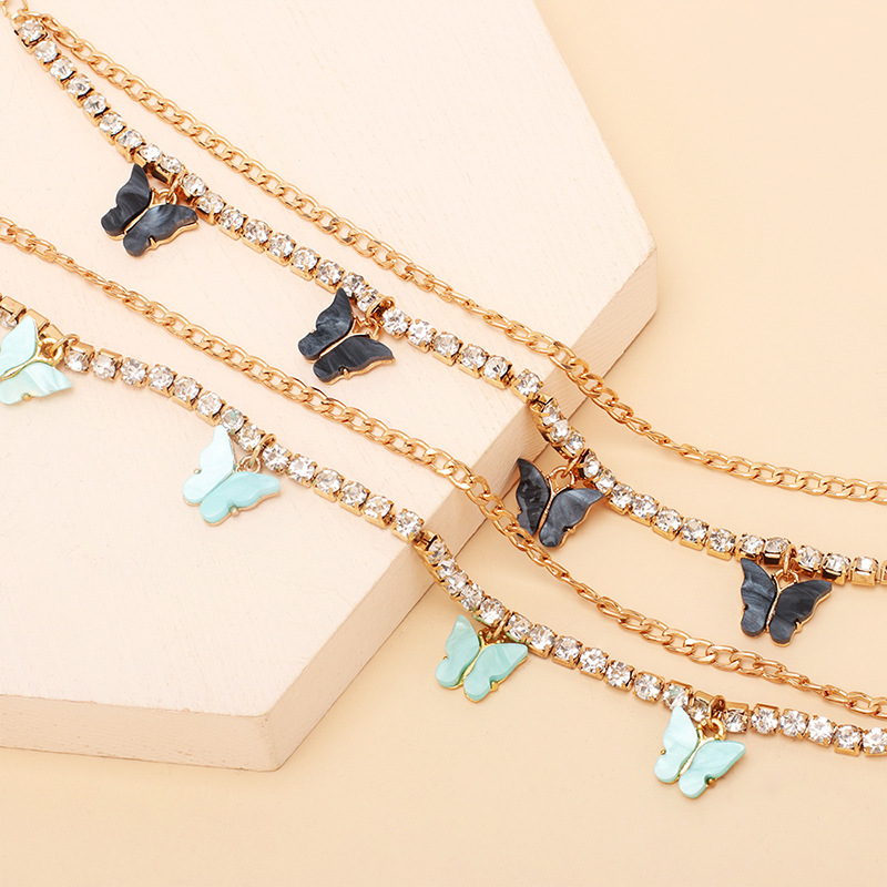 15g Weight Anklet Classification Wedding, Travel Occasion Women'S Gender Lake Blue, Pink, Red, Green, Yellow, Black Color Ins Internet Celebrity Bohemian Beach Multi-layer Butterfly Anklet Female Summer Europe And America Cross Border New Accessories Rhinestone Foot Ornaments 5