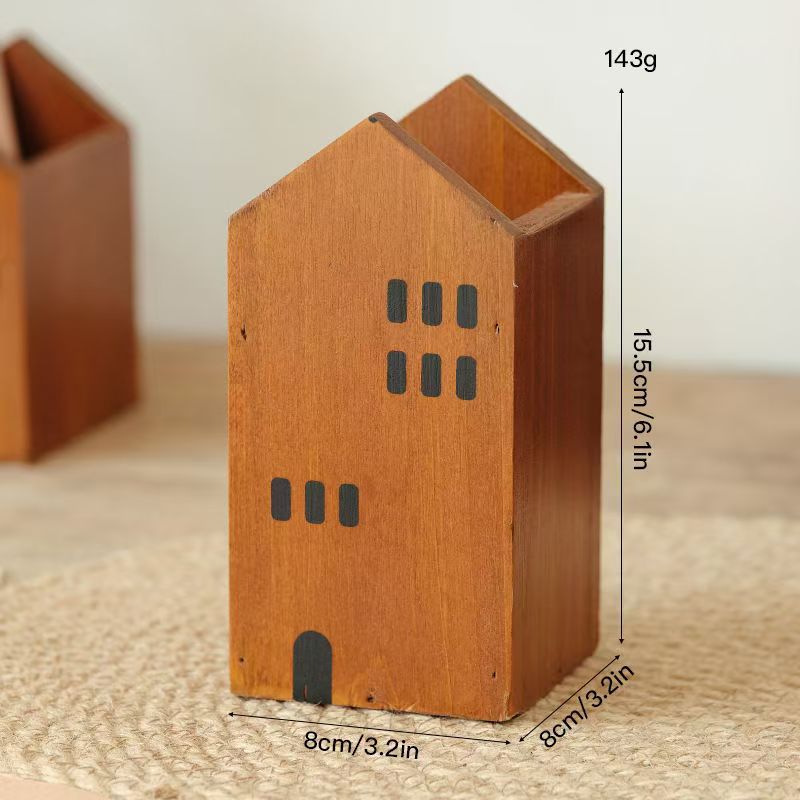 Casa de madera modelada lápiz de escritorio cepillo de maquillaje almacena lápiz cepillo papelería lápiz cepillo cartucho decoración ornamentos