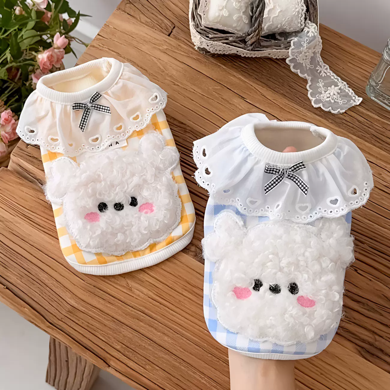 狗狗衣服绵羊刺绣格子加绒秋冬装泰迪比熊猫咪居家保暖可牵引衣服