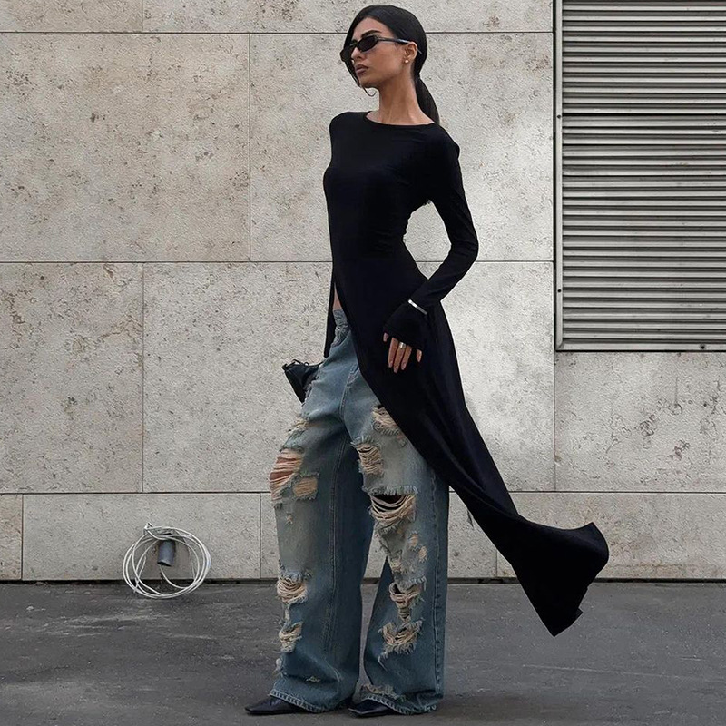 Regular Sleeve Sleeve Type Wholesale Women's Streetwear Slit Dress Solid Color Holiday Round Neck Long Sleeve Slit Dress