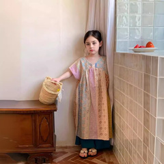 Children's 2024 Summer Item Korean INS Style Girls' Parent-Child Ethnic Style Literary Short Sleeve Patchwork Floral Dress 1