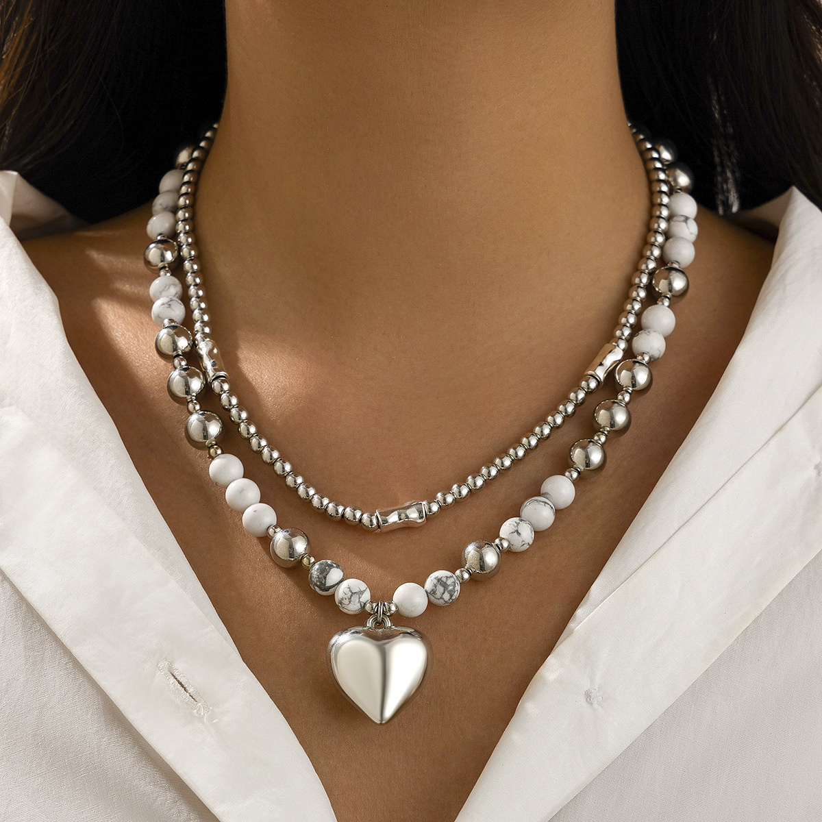 CCB, Alloy Material Elegant Lady Heart Shape CCB Alloy Beaded Chain Pendant Necklaces Wholesale