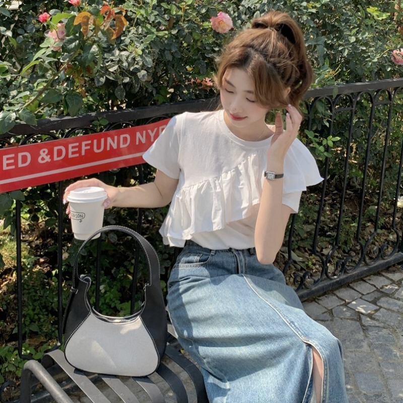 Ruffled Short-sleeved T-shirt Women's Summer Korean-style 2024 New Design Sense Niche White Unique Chic Top Women's Clothing
