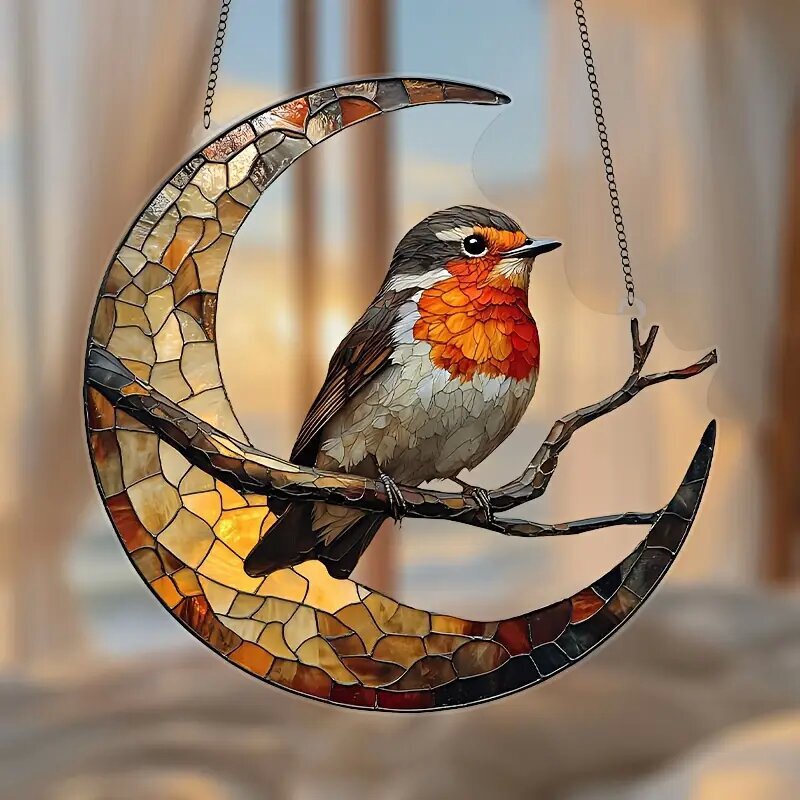 Cross-Border Charming Robin Bird Sun Catcher - Colorful Stained Glass Wall Hanging Ornament