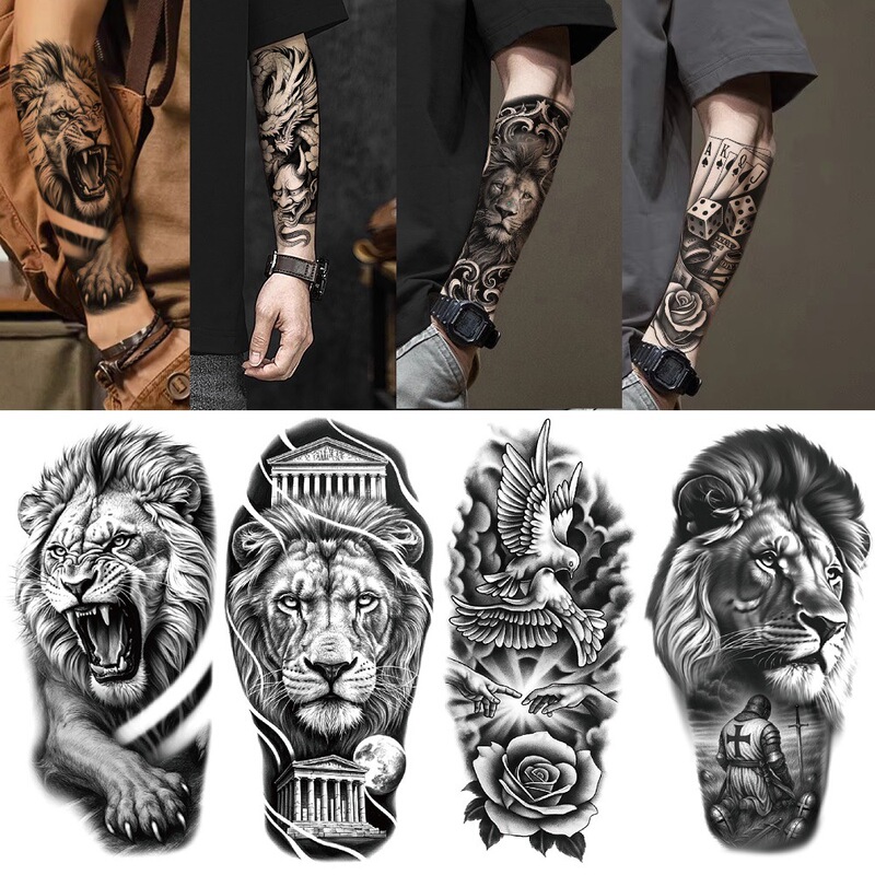 New cross-border black lion animal flower half-arm water transfer disposable realistic tattoo sticker set