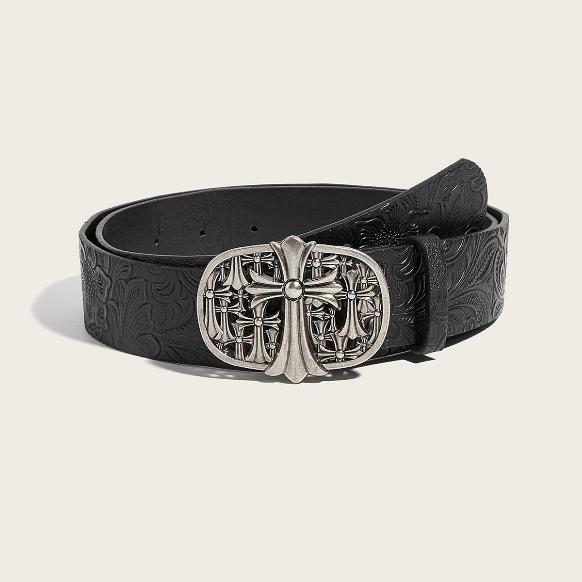 Chrome Hearts Cemetery Cross Buckle Floral Embossed Belt Black