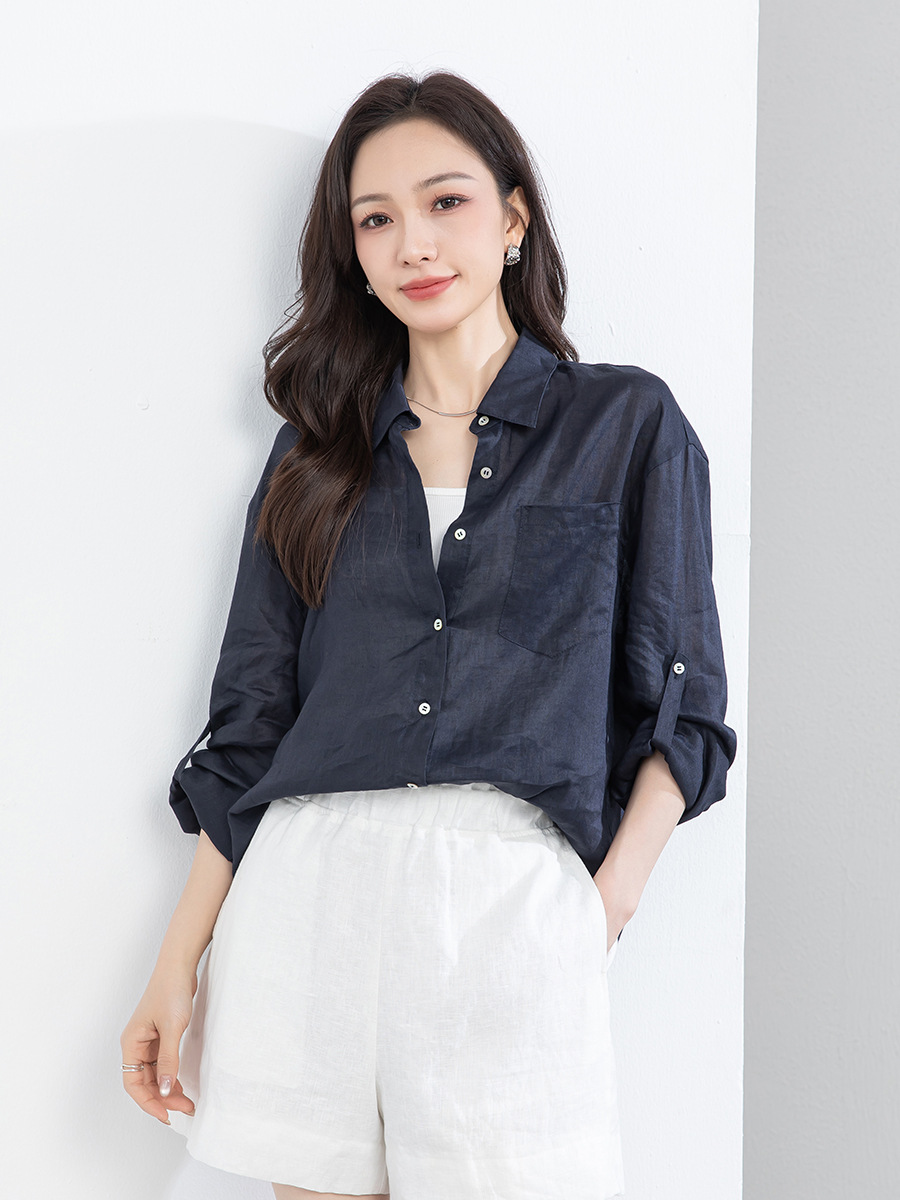 Áo chống nắng nữ dáng dài cổ V tay lỡ chất liệu ramie màu xanh navy — màu xanh navy