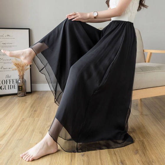 plus size 300 Jin Chubby Chiffon Double Layer Super Fairy Dance Wide Leg Pants Skirt Women's Summer Loose Black Casual Pants