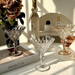 歐式復古浮雕高腳杯玻璃杯香檳杯鑽石刻花葡萄酒杯馬天尼杯紅酒杯