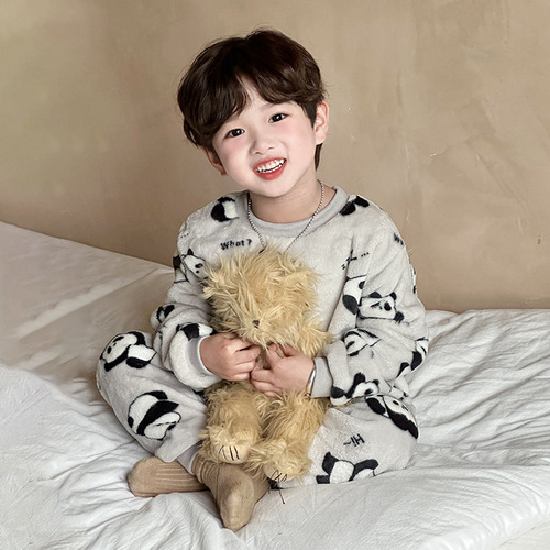Flannel children's pajama set for autumn and winter, unisex, with extra warm and thick home clothes, suitable for middle-aged children, warm innerwear set