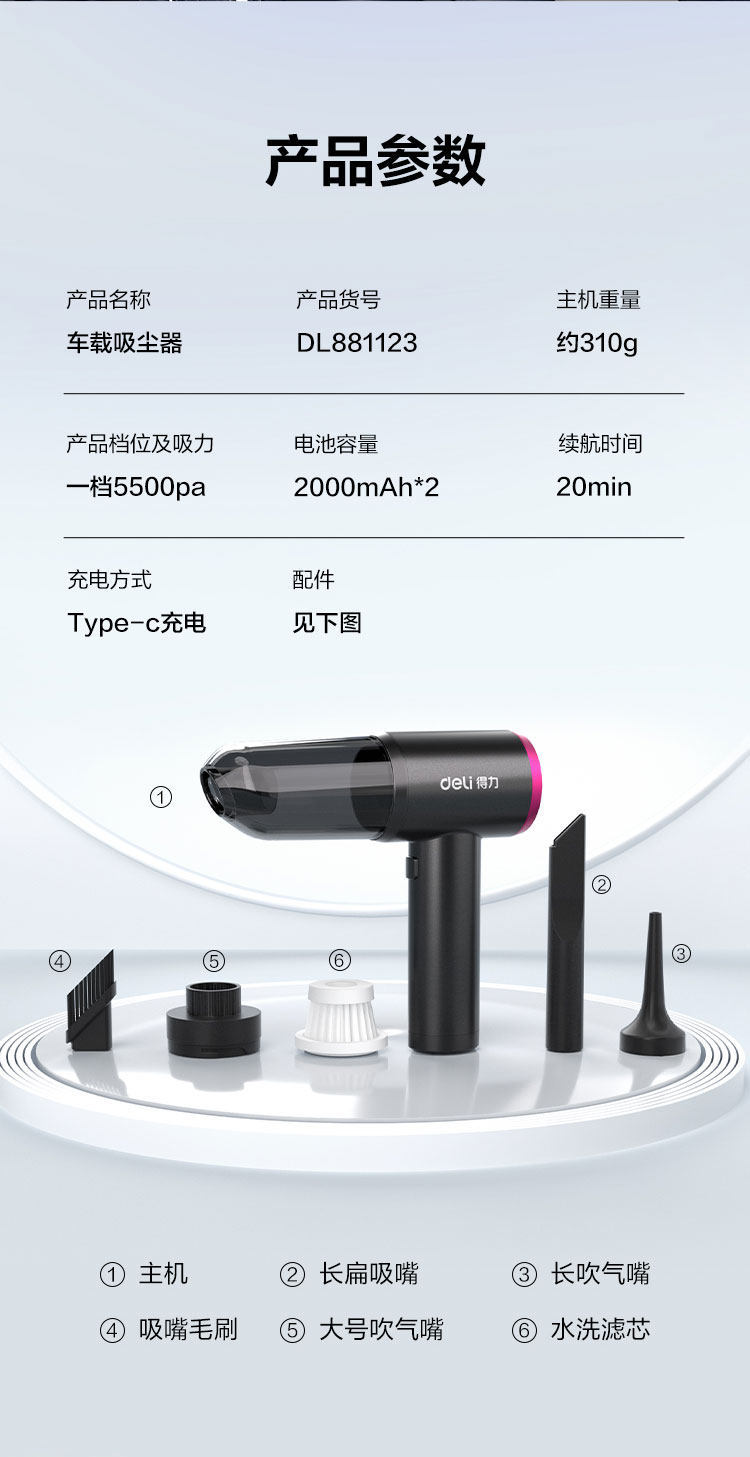 Deli Car Vacuum Cleaner Handheld Small 2026 New Model Super Strong Suction Car and Home Wireless Charging Vacuum Cleaner