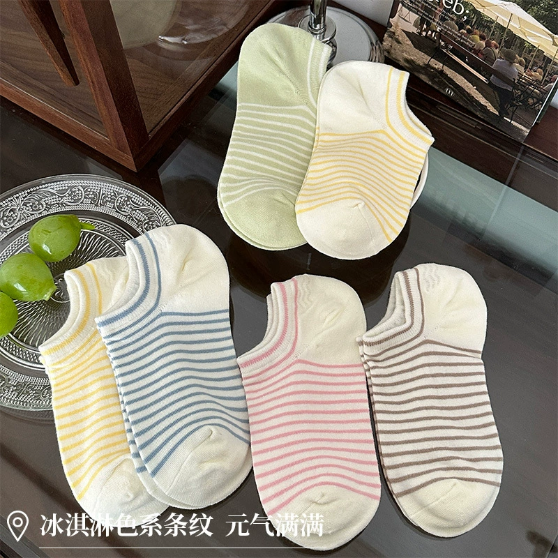 Полосатые носки для детей летом тонкие, дофаминовые хлопчатобумажные носки нескользящие, не падают с невидимыми носками летом