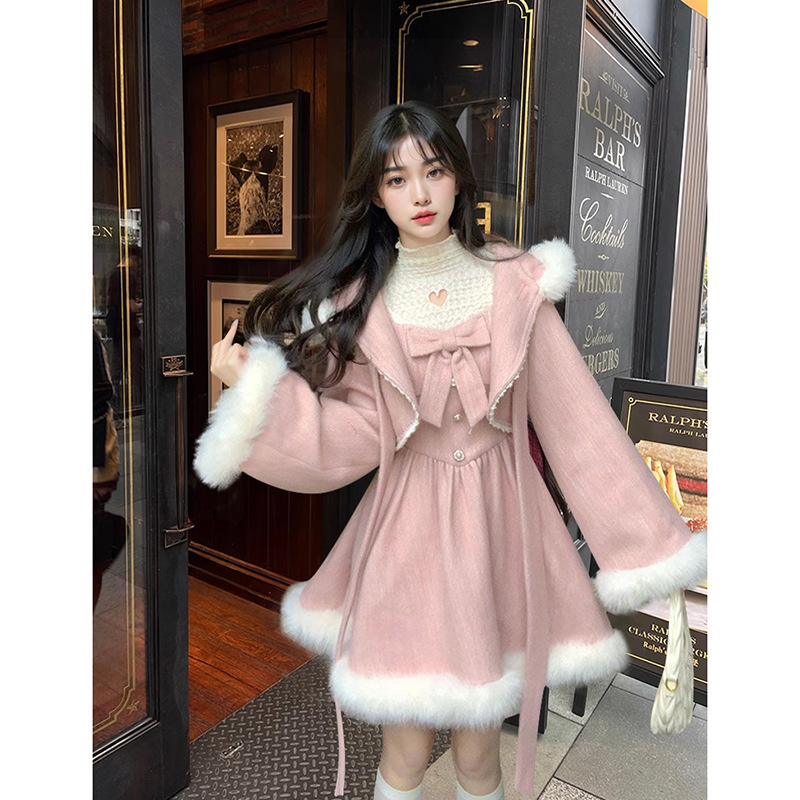 Rila Wonderland Heavy-Duty Hooded Cape + Elegant Suspender Skirt Woolen Suit Skirt 2025 Winter Sweet Two-Piece Set