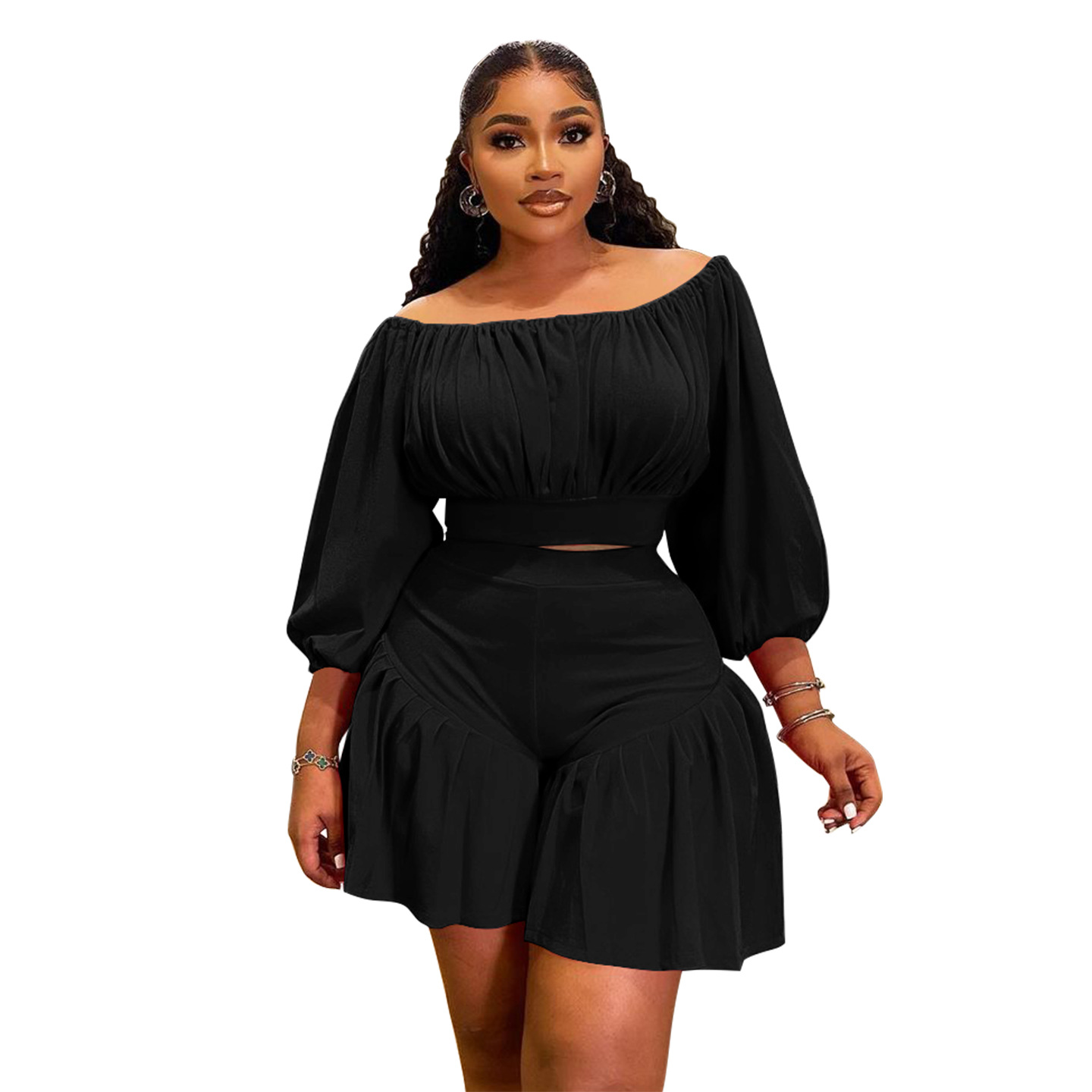 350g Weight Long Sleeve Sleeve Length Spandex, Polyester Fabric Type Shorts Co-ord Set Sets Type 2 Pieces Set Quantity Daily Occasion Off Shoulder Neckline Slim Fit Type Solid Color Pattern Summer Season Casual Style Daily Casual Solid Color Spandex Polyester Shorts Co-ord Set Plus Size Two-piece Sets 25