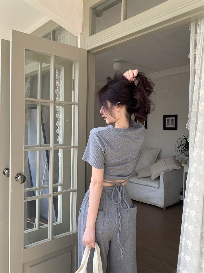Women's Clothing Style Women's Two Piece Set Casual Gray Summer Top And Wide Leg Trousers Drawstring Tie Short Sleeved Outfit_ecoleips.com