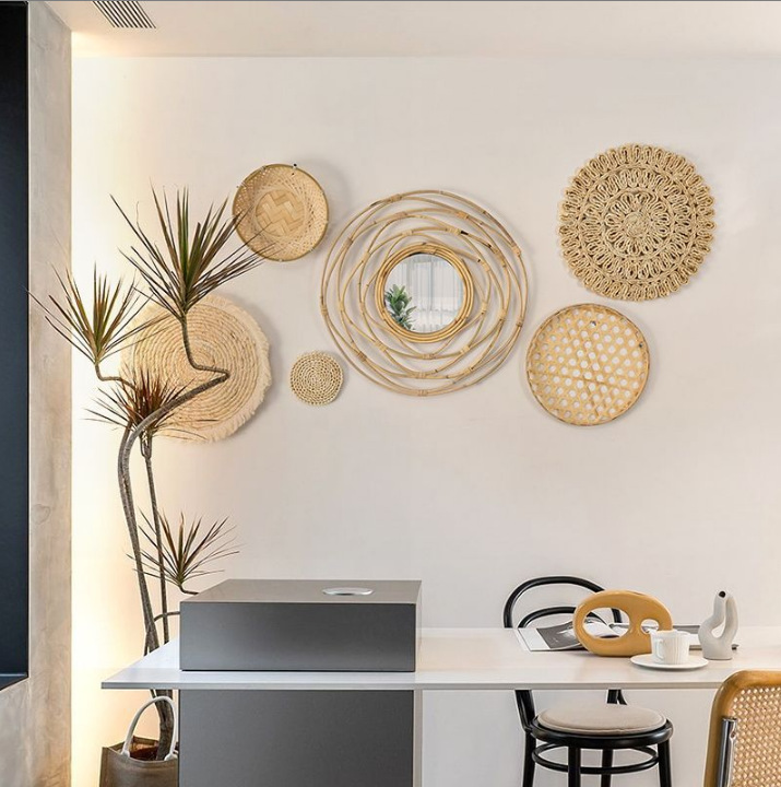 Decoración Colgante de Pared Redonda de Ratán y Madera para Sala de Estar