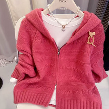 韩系连帽钩花毛衣开衫外套女秋冬新款慵懒风宽松外搭拉链针织衫女