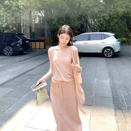白开水亚麻莱赛尔针织套装粉色长裙三件套白色长裙三件套羊毛纯色