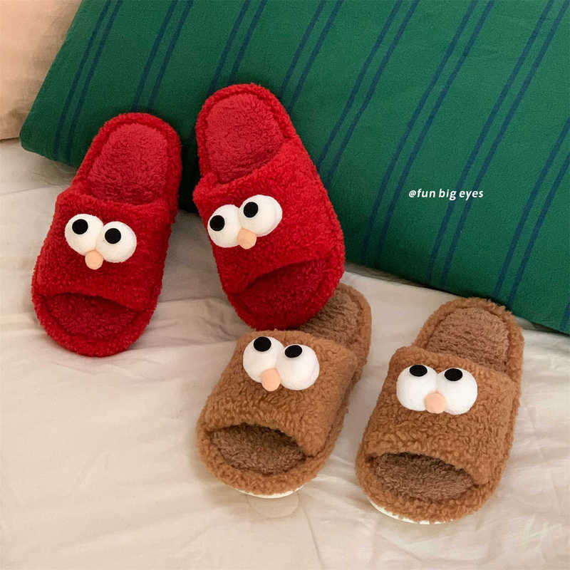 Indoor One-Line Couple's Fun Eye Cotton Slippers Fashionable Internet Celebrity Lamb Wool Non-Slip Autumn and Winter Floor Shoes for Men and Women