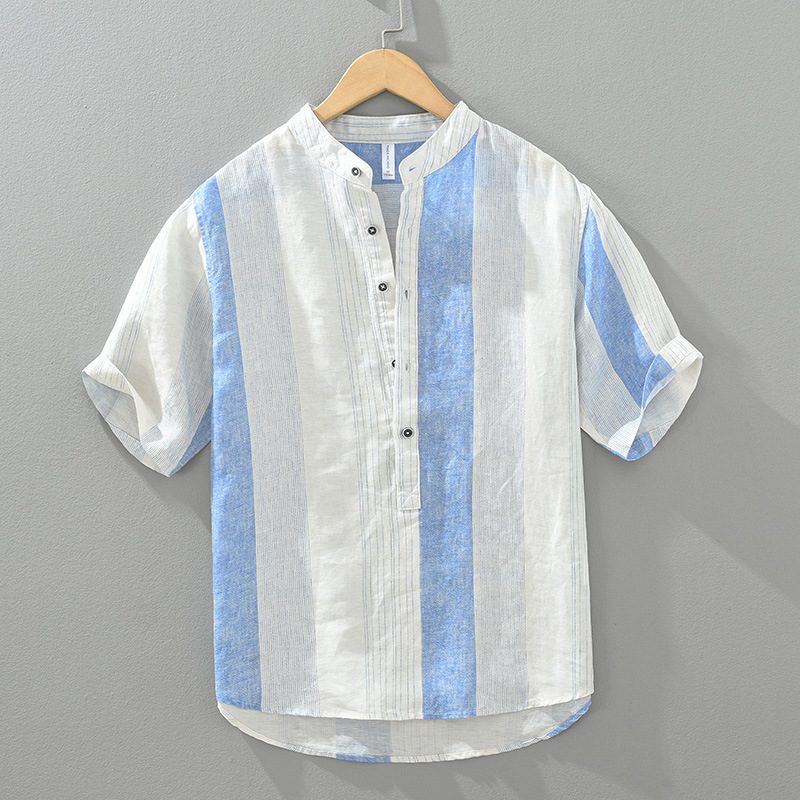 1257 Fresh Stand Collar Men's Linen Casual Quarter Sleeve Top Summer Thin Striped Printed Linen Shirt Trendy