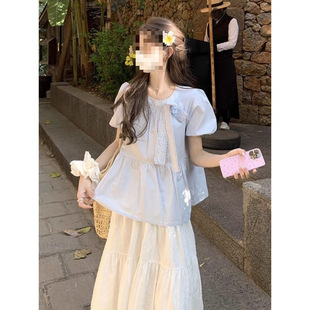 Ys8 Bow Lace Puff Sleeve Shirt Women's Skirt Two-Piece Suit Women's Summer Design Pleated Straps