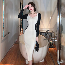 2025秋冬 日韩版气质修身中长款拼色打底开叉毛衣针织连衣裙6238