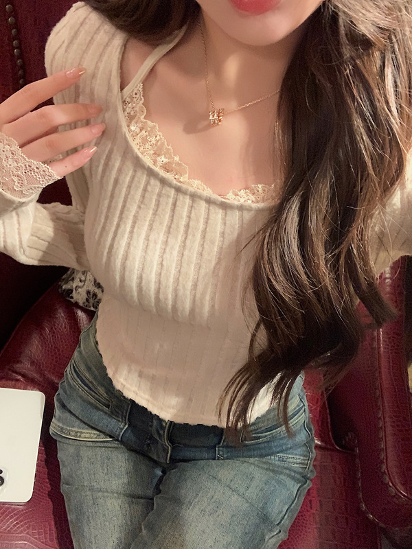 邱肉瑶 纯欲蕾丝拼接挂脖纯色毛衣女秋季新款修身显瘦针织衫|undefined