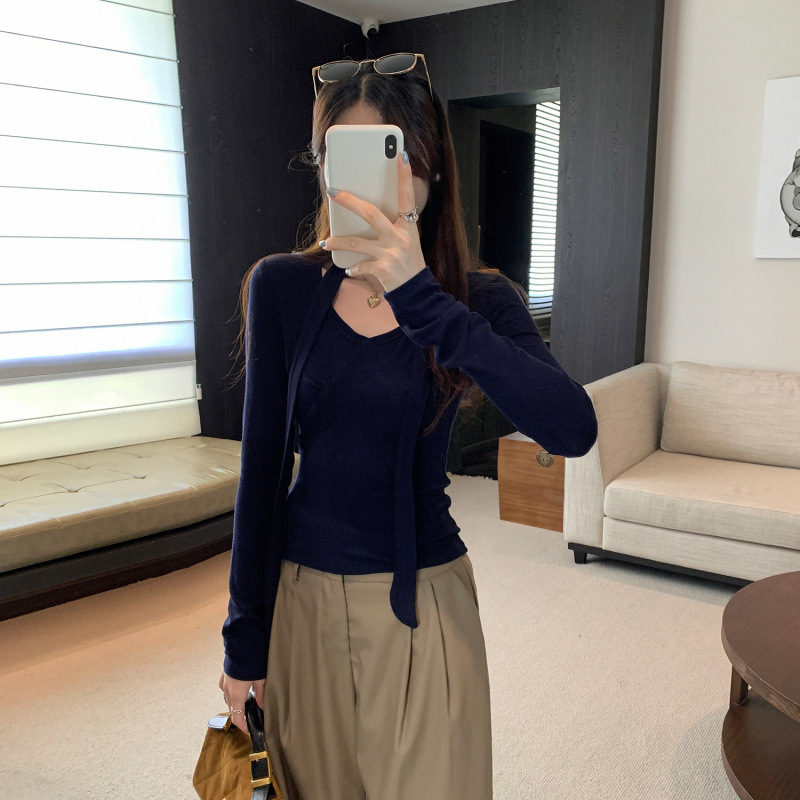 独特漂亮粉色围脖飘带长袖T恤女早秋2025新款巨气质内搭打底上衣|undefined