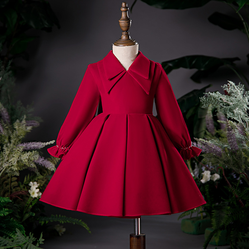 拜年服女童冬季小主持人長袖寶寶生日公主裙紅色洋氣高端周歲禮服