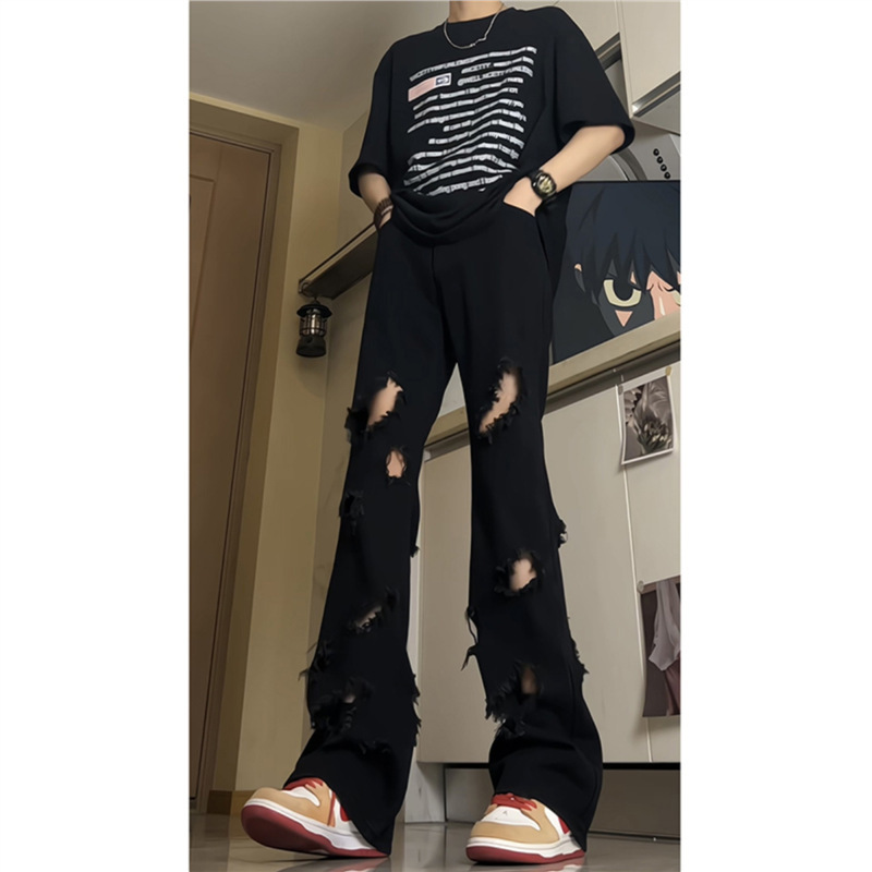 Black American Ripped Jeans Boys Summer Thin European and American High Street Vibe Pants Straight Beggar Pants Black American Ripped Jeans Boys Summer Thin European and American High Street Vibe Pants Straight Beggar Pants