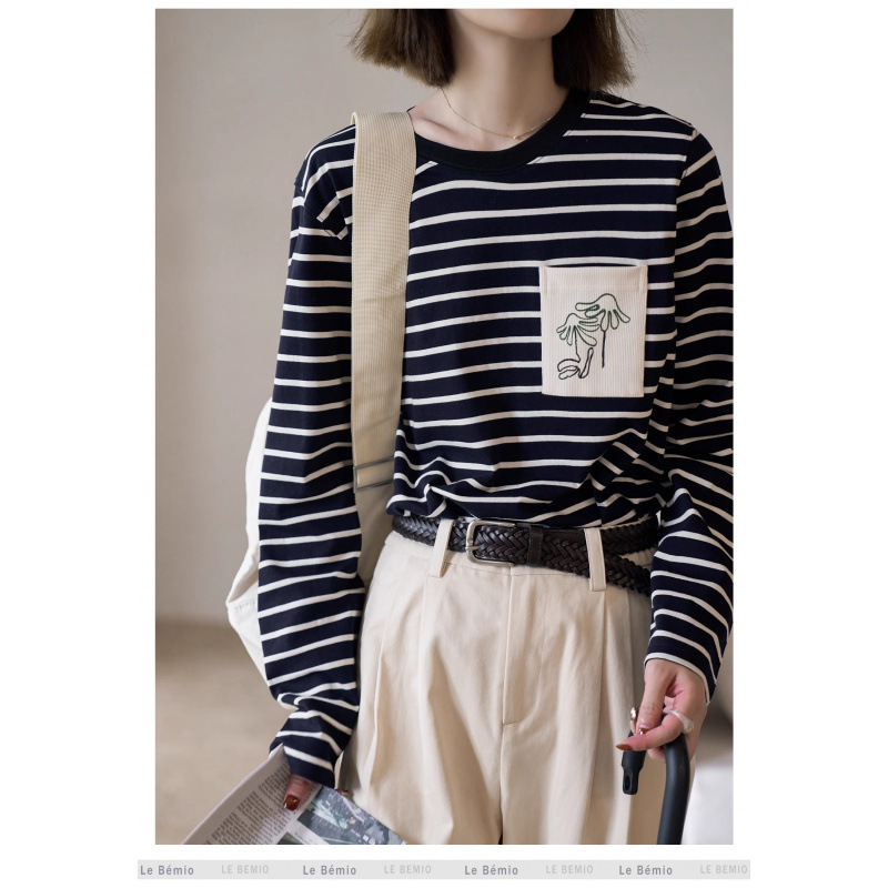 Autumn New French Korean Style Stripesd T-Shirt Women's Long-Sleeved Round Neck Loose Inner Slimming Look Bottoming Shirt Thin Top