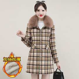 毛呢外套女新款加绒加厚时尚气质格子收腰显瘦中长款保暖大衣