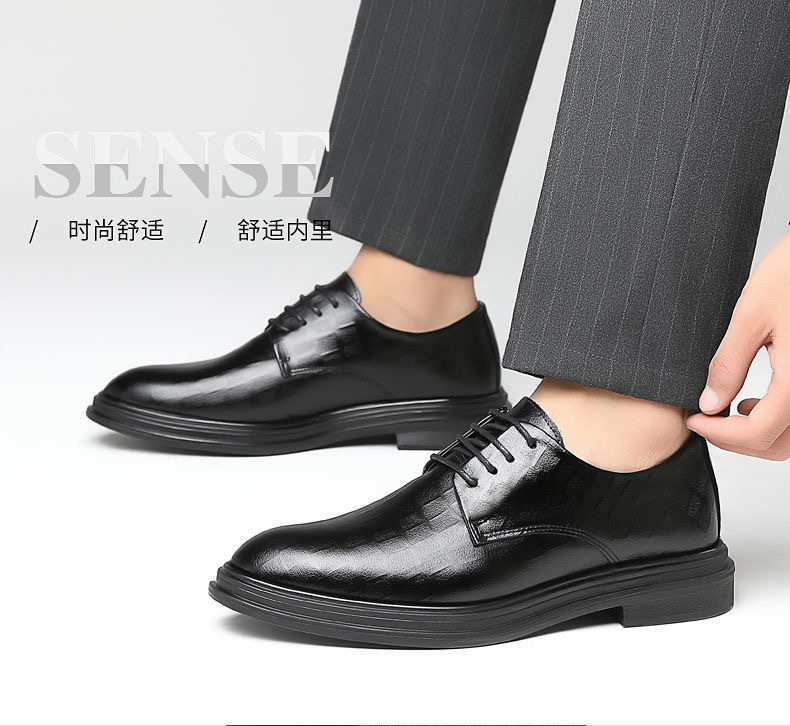 Giày da nam công sở cổ thấp thoáng khí tăng chiều cao kiểu Anh, đế cao su — Màu đen kiểu độn cao, Màu đen mẫu đế bằng, Màu đen độn cao lỗ chi tiết 17