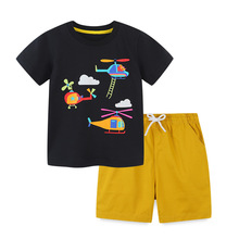 歐美風男童套裝短袖卡通印花中小童梭織褲兩件套圓領兒童T恤套裝