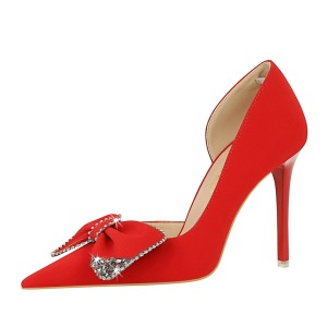 1298-H31 Korean Fashion High Heels Slim Heels, Super High Heels, Shallow Notched Tip, Side Hollow Rhinestone Bow Tie Sin