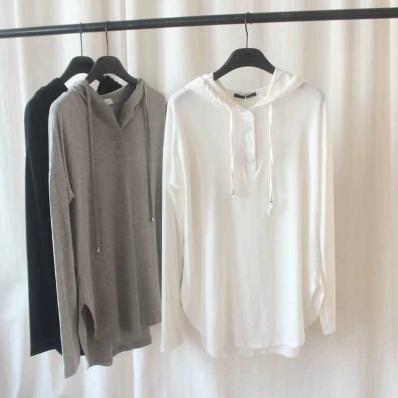 Outlets ~ counter cut-off white hooded long-sleeved T-shirt women's spring and autumn loose slimming undershirt top
