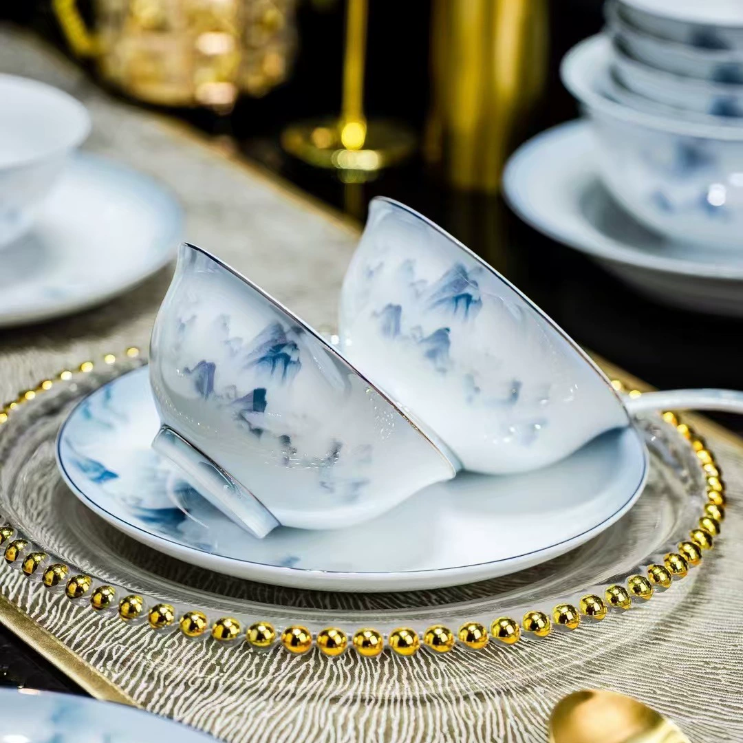 Керамическая посуда Jingdezhen: белый фарфор с глазурью, цвета гор, набор тарелок, мисок и ложек для подарка друзьям домой