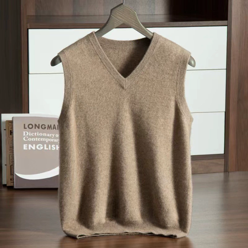 Cashmere demi-season vest, men's solid sweater sleevless for leisure, V-neckline