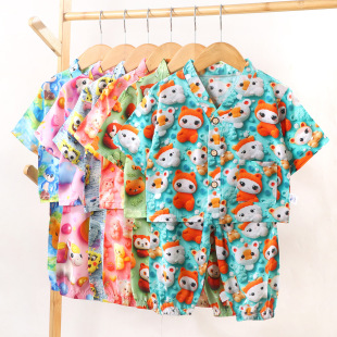 New Children's Cotton Silk Home Clothes suit Summer Men's and Women's Treasure Thin 3D Air-conditioning Clothes Top Pants Two-piece Set