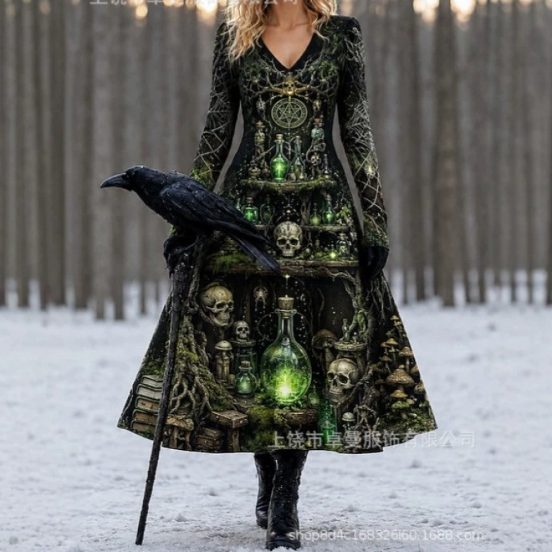 Halloween Gothic Skull Print Dress for Women, V-Neck, Long Sleeve, Fitted Waist, Flared Skirt, Retro Holiday Dress Halloween Gothic Skull Print Dress for Women, V-Neck, Long Sleeve, Fitted Waist, Flared Skirt, Retro Holiday Dress