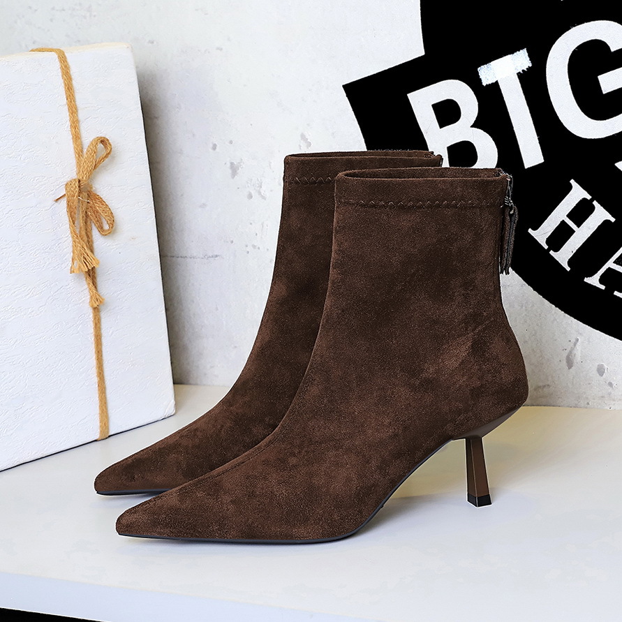 1895-1 Vintage Suede Pointed Toe Slim Thin Heel Mid-Heel Versatile Fashion Back Zipper Ankle Boots For Women_vogvips.com