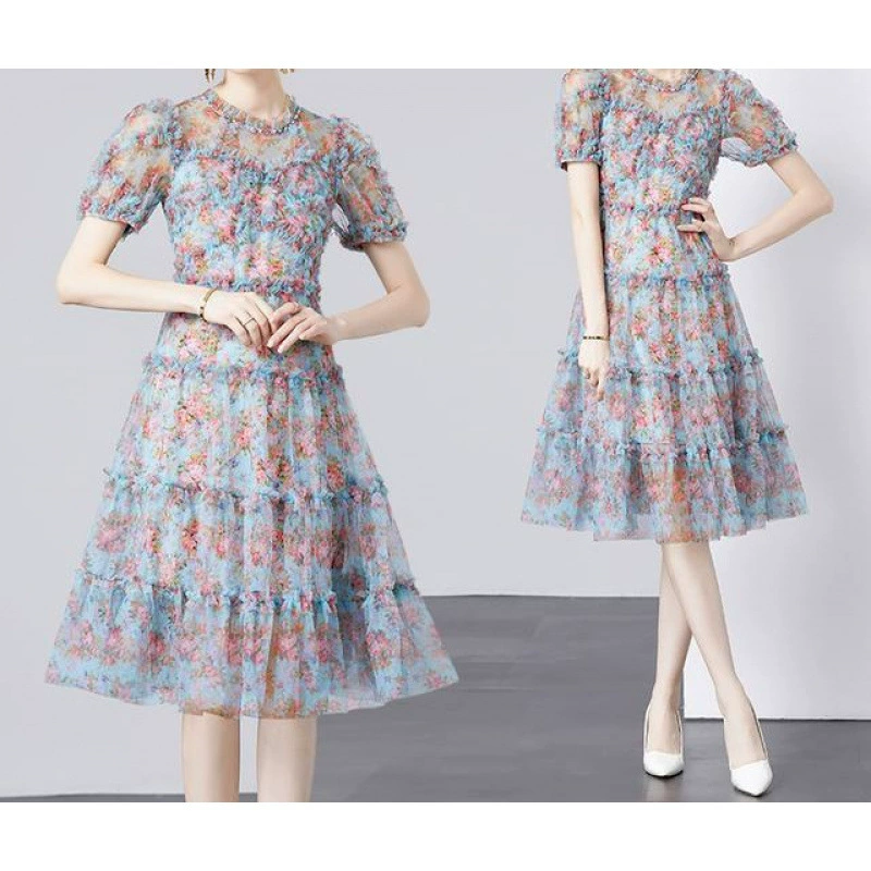 Юбка из тяжелой сетки с зеленым нефритовым цветочным принтом, платье феи из бисера