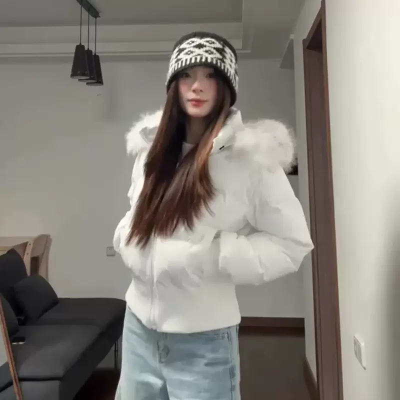 2025新款白色毛领短款棉服女款冬季保暖加厚棉袄连帽收腰夹棉外套