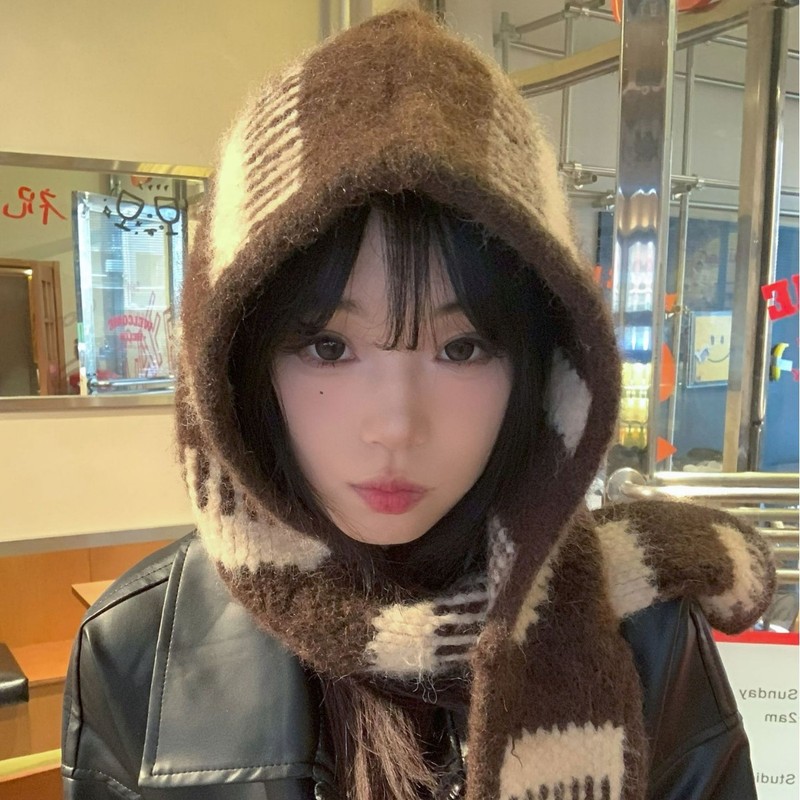 秋冬韩系条纹巴拉克拉法帽子女保暖围脖一体针织毛线帽百搭套头帽|undefined
