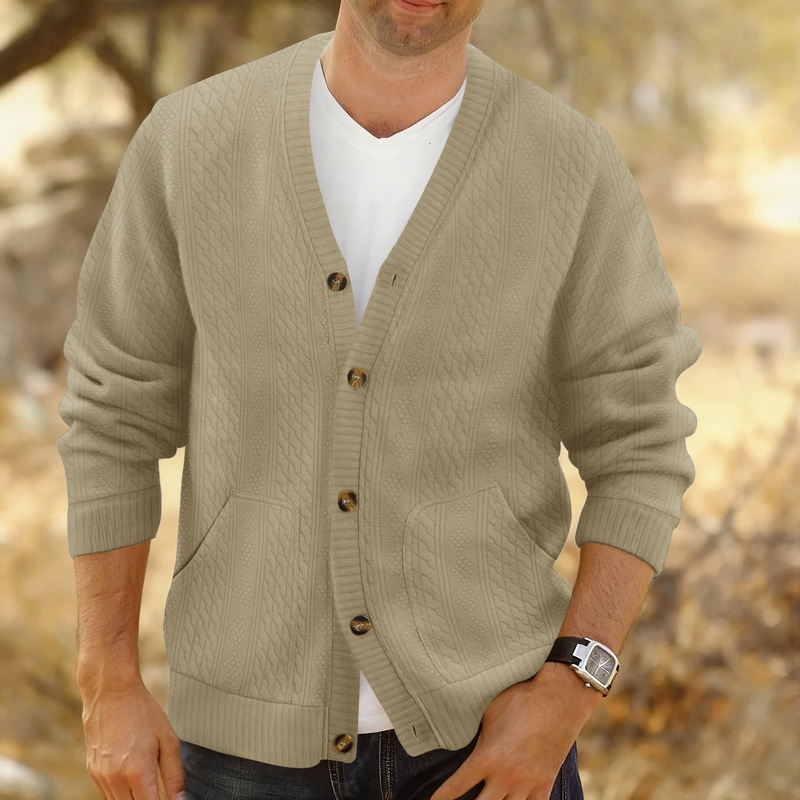 2025 Cross-Border Foreign Trade Spring and Autumn Button Jacquard Wrinkle-Free V-Neck Cardigan Jacket Retro Casual Outing Men's Style